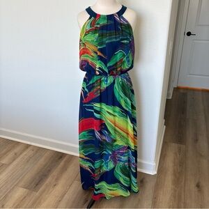 Robbie Bee Navy Multicolor Halter Maxi Dress with Green & Red Swirls